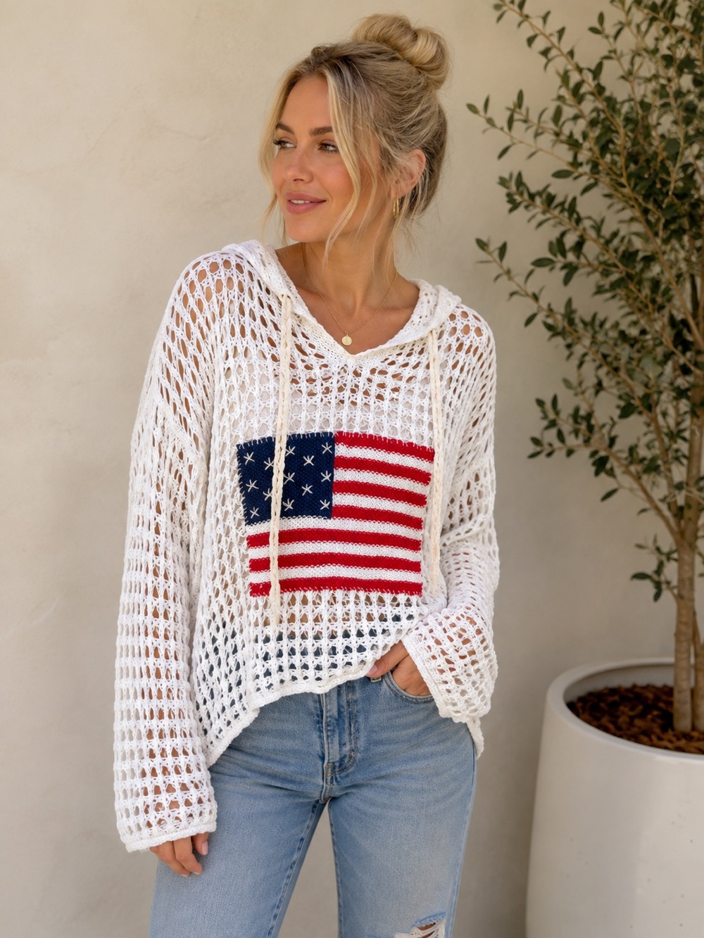 POL American Flag Crochet Knit Hooded Sweater Pullover White Size L NWOT